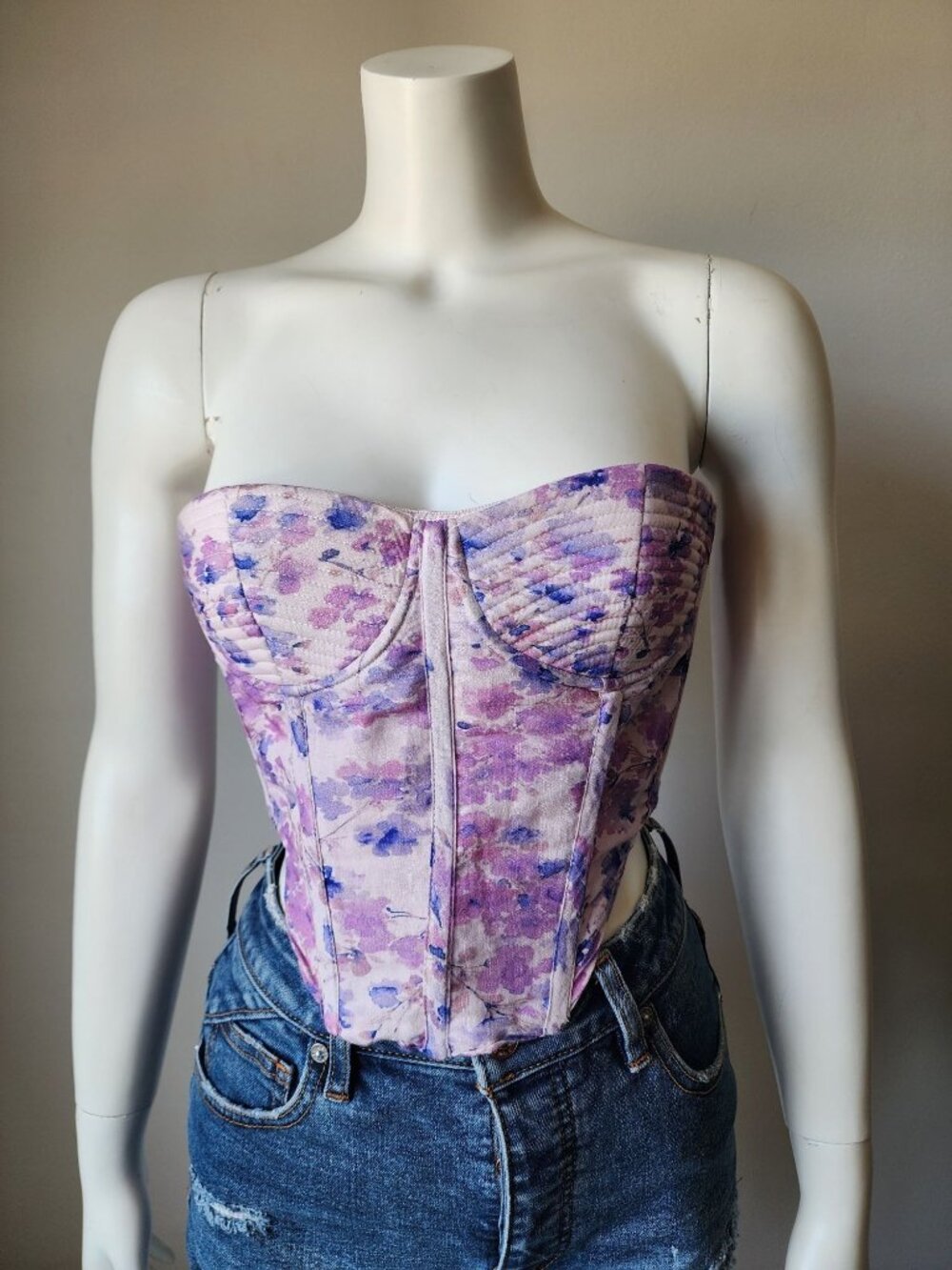 Bardot Mirabelle purple floral bustier top S